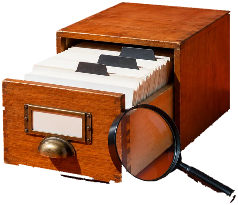 Een houten kaartenbak met een open lade vol systeemkaarten en een vergrootglas ervoor, op een oranje achtergrond